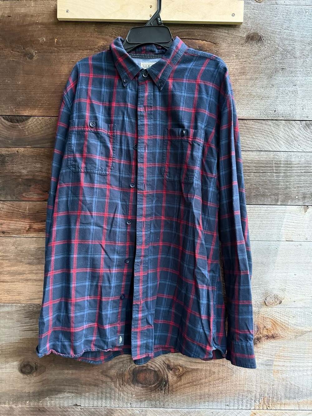 L.L. Bean Slightly Fitted Windowpane Plaid Shirt L-Reg Navy Red